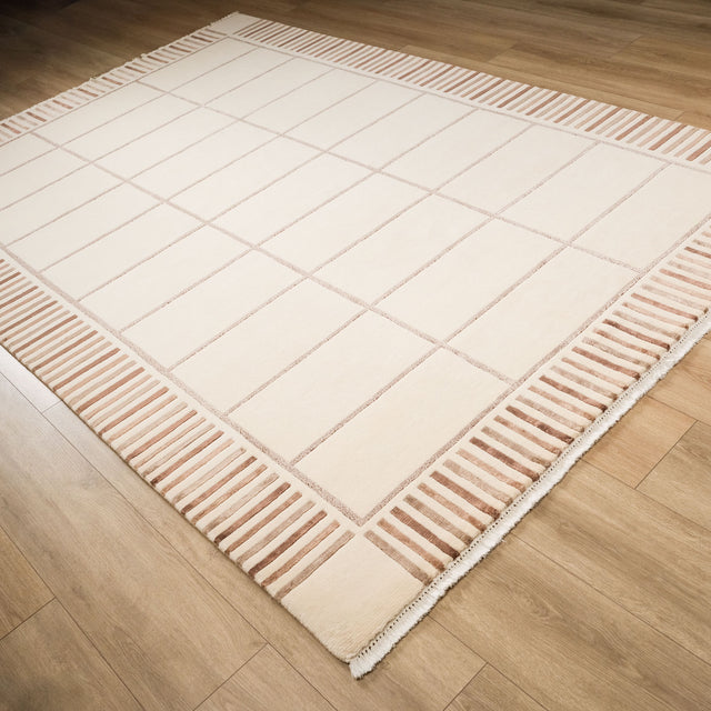 Cream Grid-Pattern Hand-Knotted Wool Rug, 200×300 cm Halıcızade