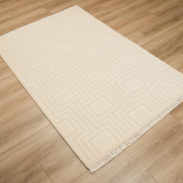 Cream Geometric Hand-Knotted Wool Rug, 121×185 cm Halıcızade
