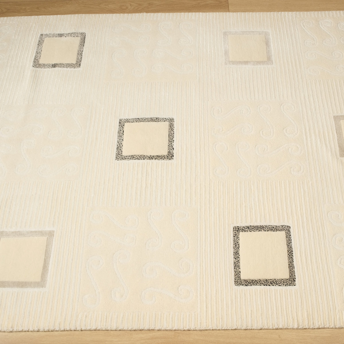 Cream Relief-Carved Square Hand-Knotted Wool Rug — modern design