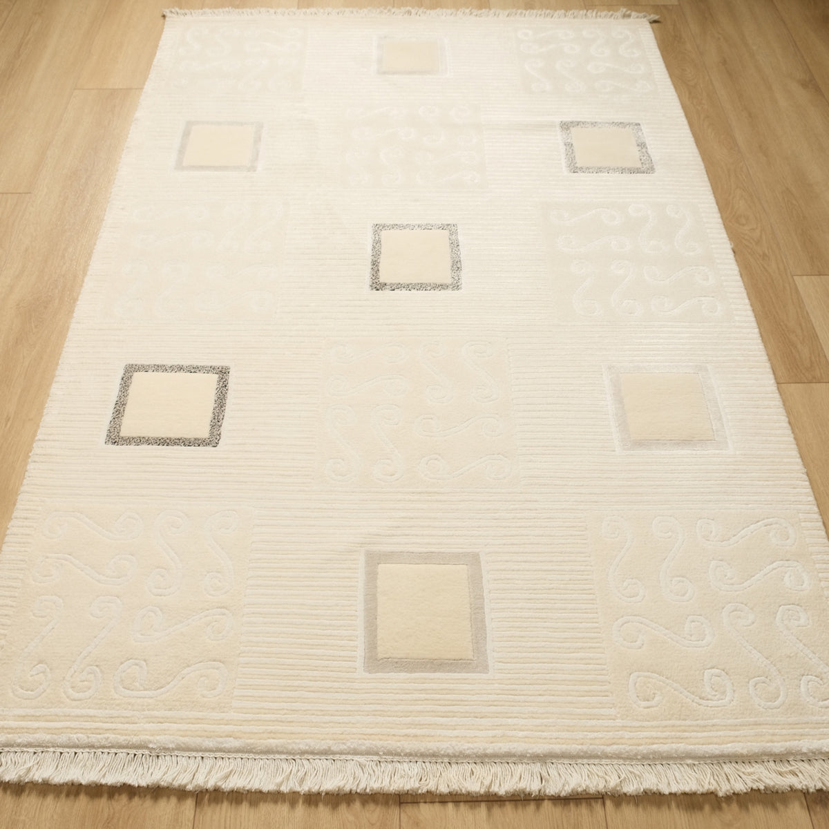 Cream Relief-Carved Square Hand-Knotted Wool Rug — 90x150, 120x180, 80x300 cm