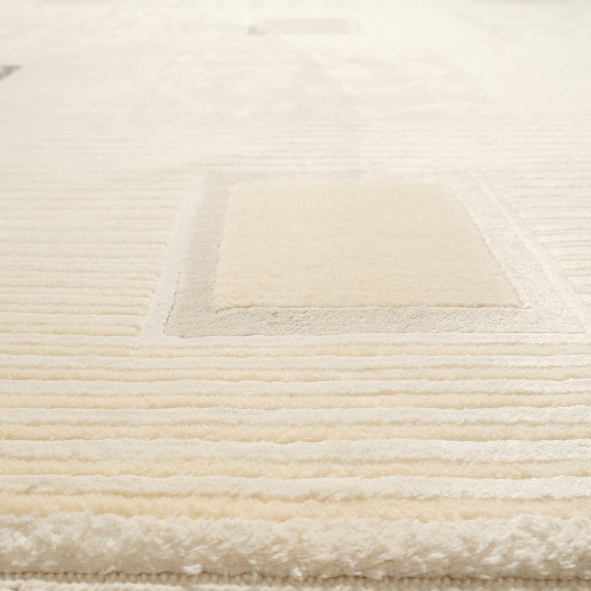Cream Relief-Carved Square Hand-Knotted Wool Rug — natural fiber