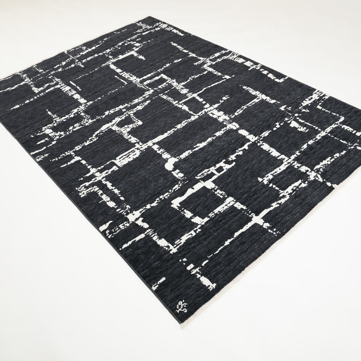 Tempus Serisi Geometrik Desenli Siyah Yün-Pamuk Tezgah Dokuma Halı, 80x300 – 250x350 cm — Halıcızade