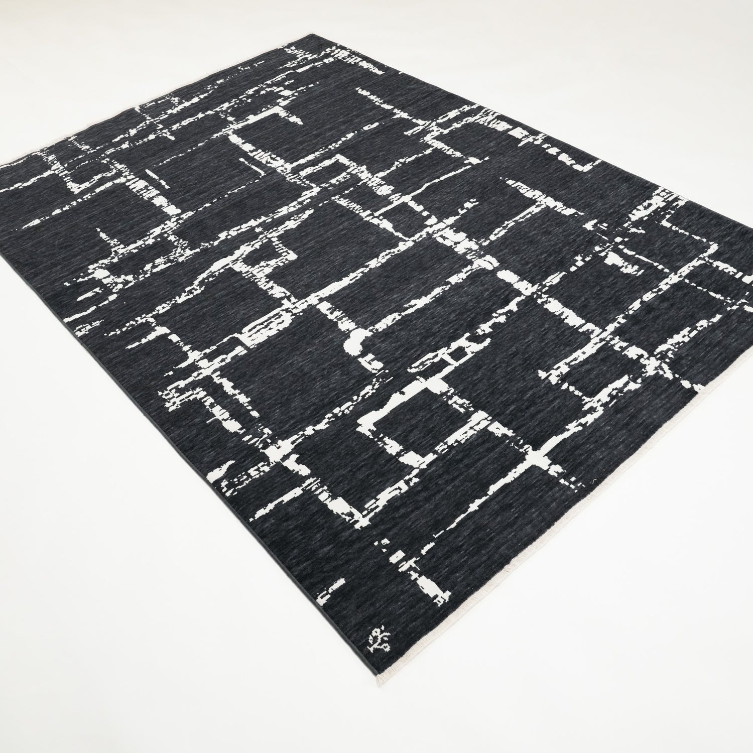 Tempus Serisi Geometrik Desenli Siyah Yün-Pamuk Tezgah Dokuma Halı, 80x300 – 250x350 cm — Halıcızade
