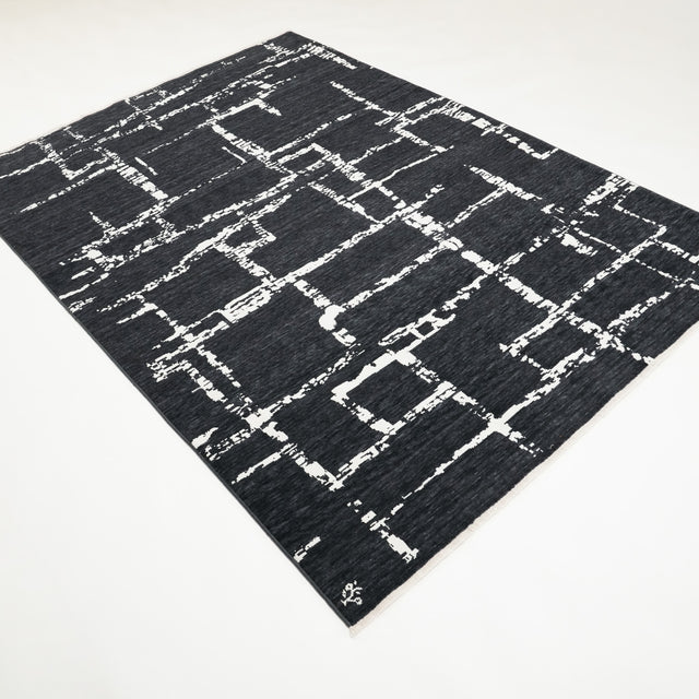 Tempus Serisi Geometrik Desenli Siyah Yün-Pamuk Tezgah Dokuma Halı, 80x300 – 250x350 cm — Halıcızade