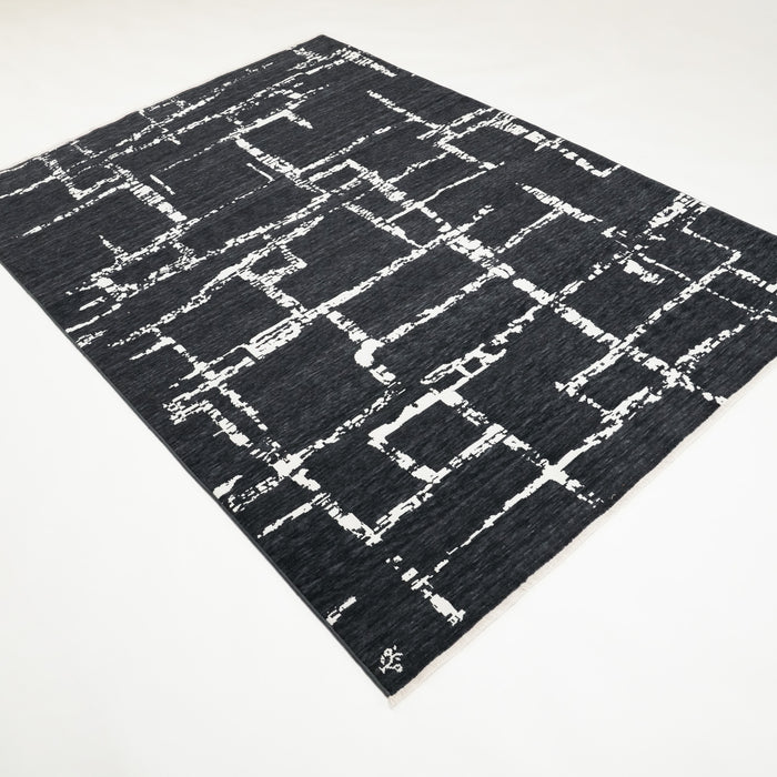 Tempus Serisi Geometrik Desenli Siyah Yün-Pamuk Tezgah Dokuma Halı, 80x300 – 250x350 cm — Halıcızade