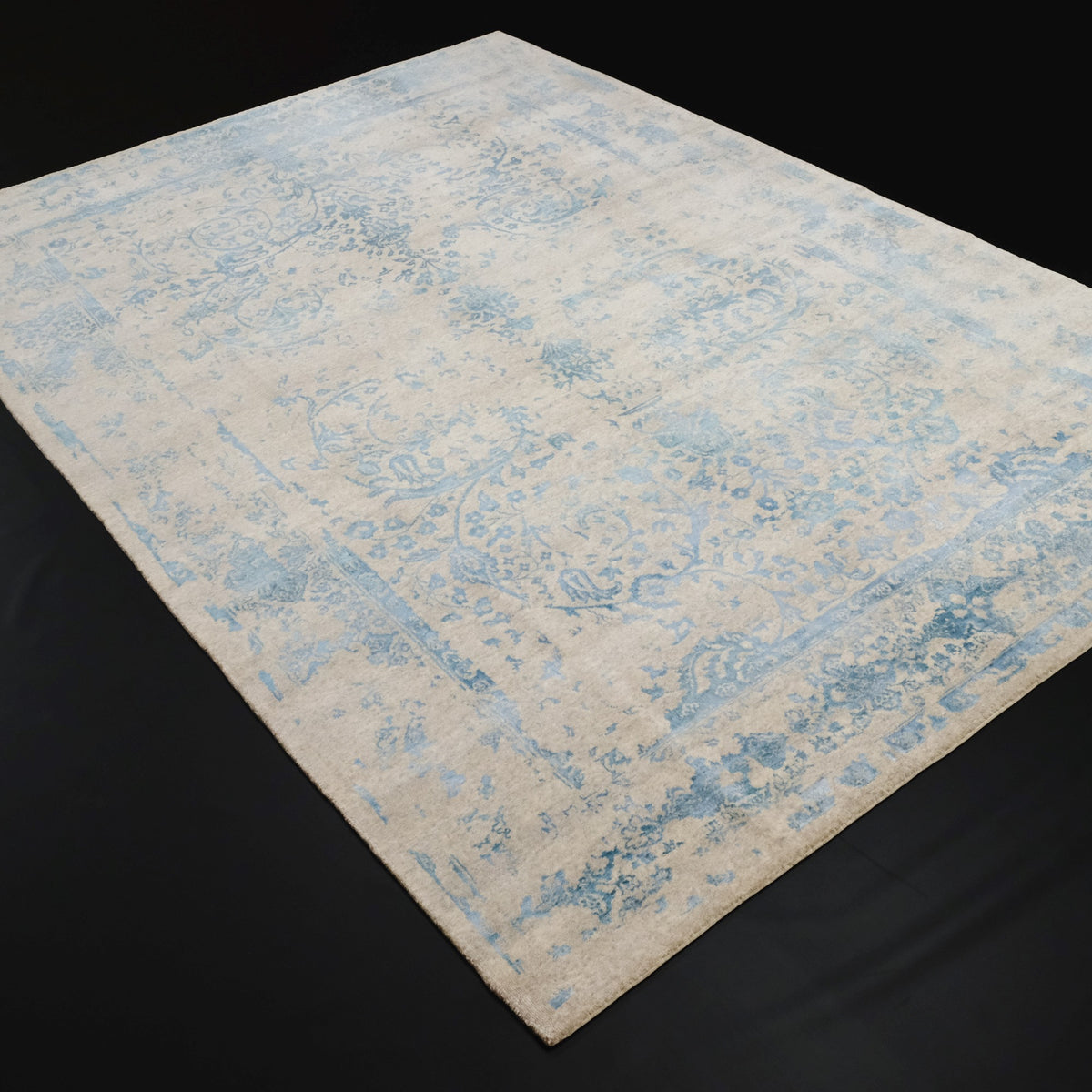 Glaze Serisi İpekli El Dokuma Vintage Desenli Mavi Halı, 200x300 cm — Halıcızade