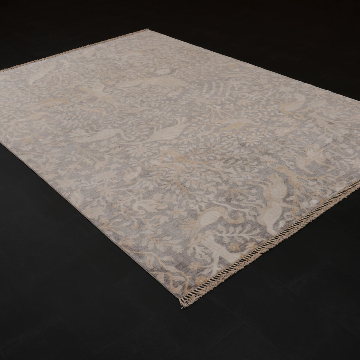 Günyolu Serisi Çiçek Desenli Gri Tezgah Dokuma Doğal Halı — 200x290 cm
