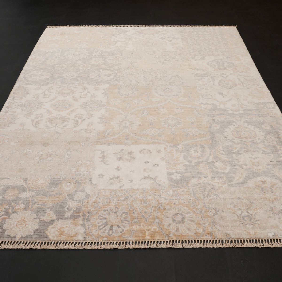 Günyolu Serisi Patchwork Desenli Bej Tezgah Dokuma Doğal Halı — 200x290 cm