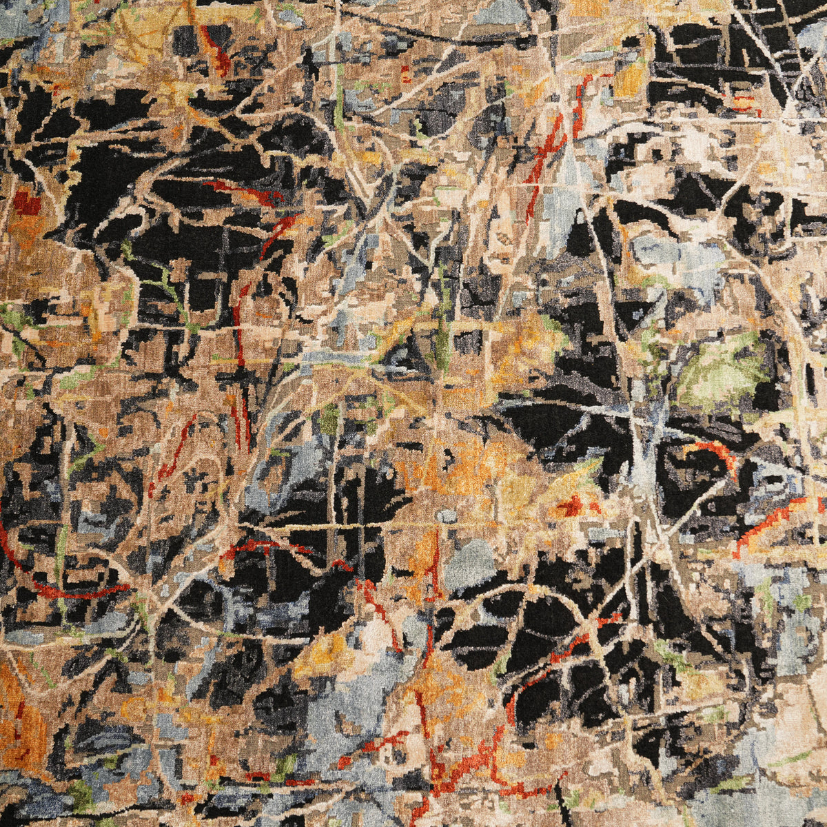 Aren Series multicolor abstract-patterned rug — macro, interlocking fine lines and orange patches