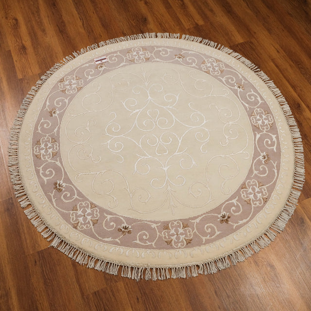 Cream Bordered Hand-Knotted Wool Round Rug, Safari Series, 195×195 cm Halıcızade