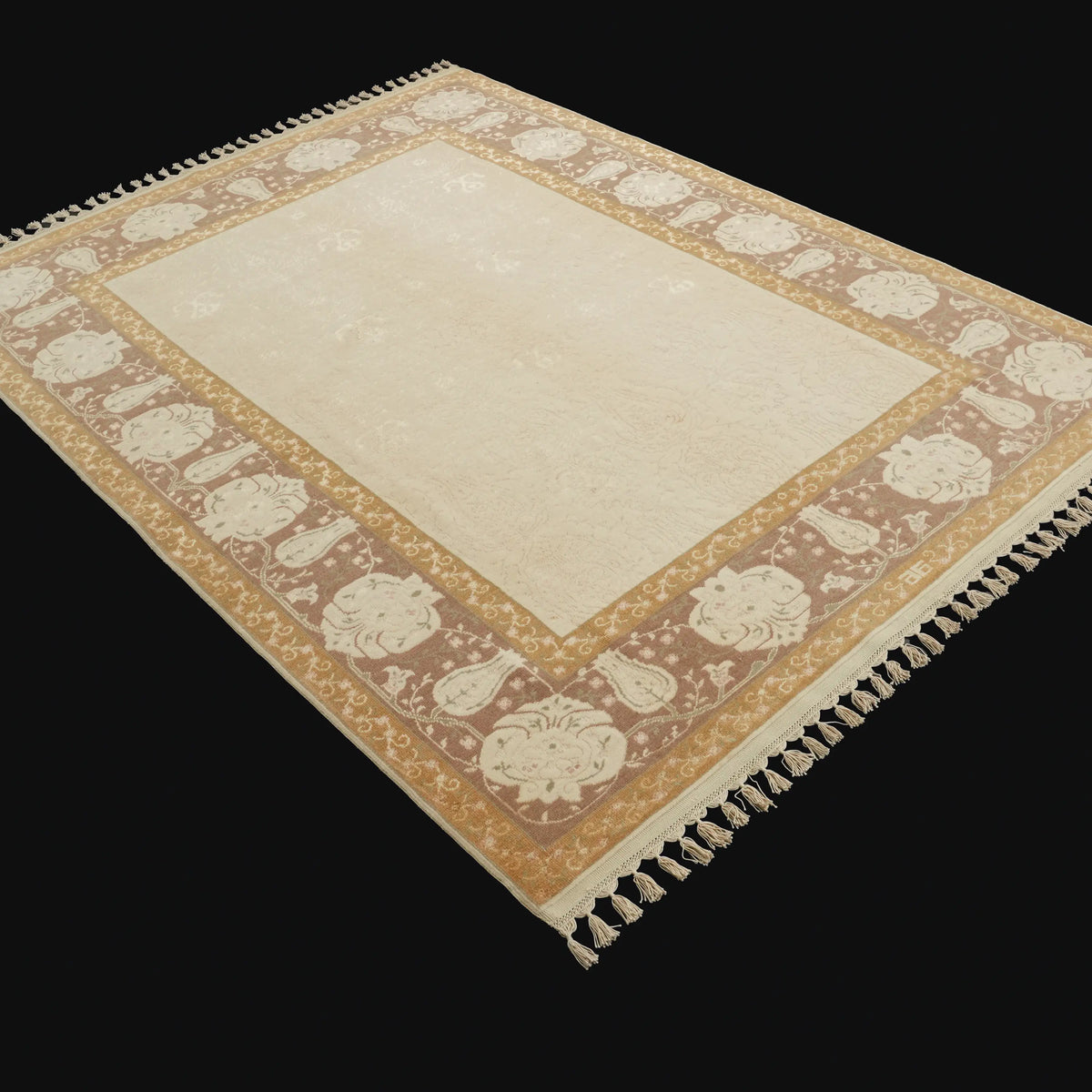 Hanzâde Serisi El Dokuma Çerçeve Desenli Krem İpekli Halı, 170x227 cm — Halıcızade
