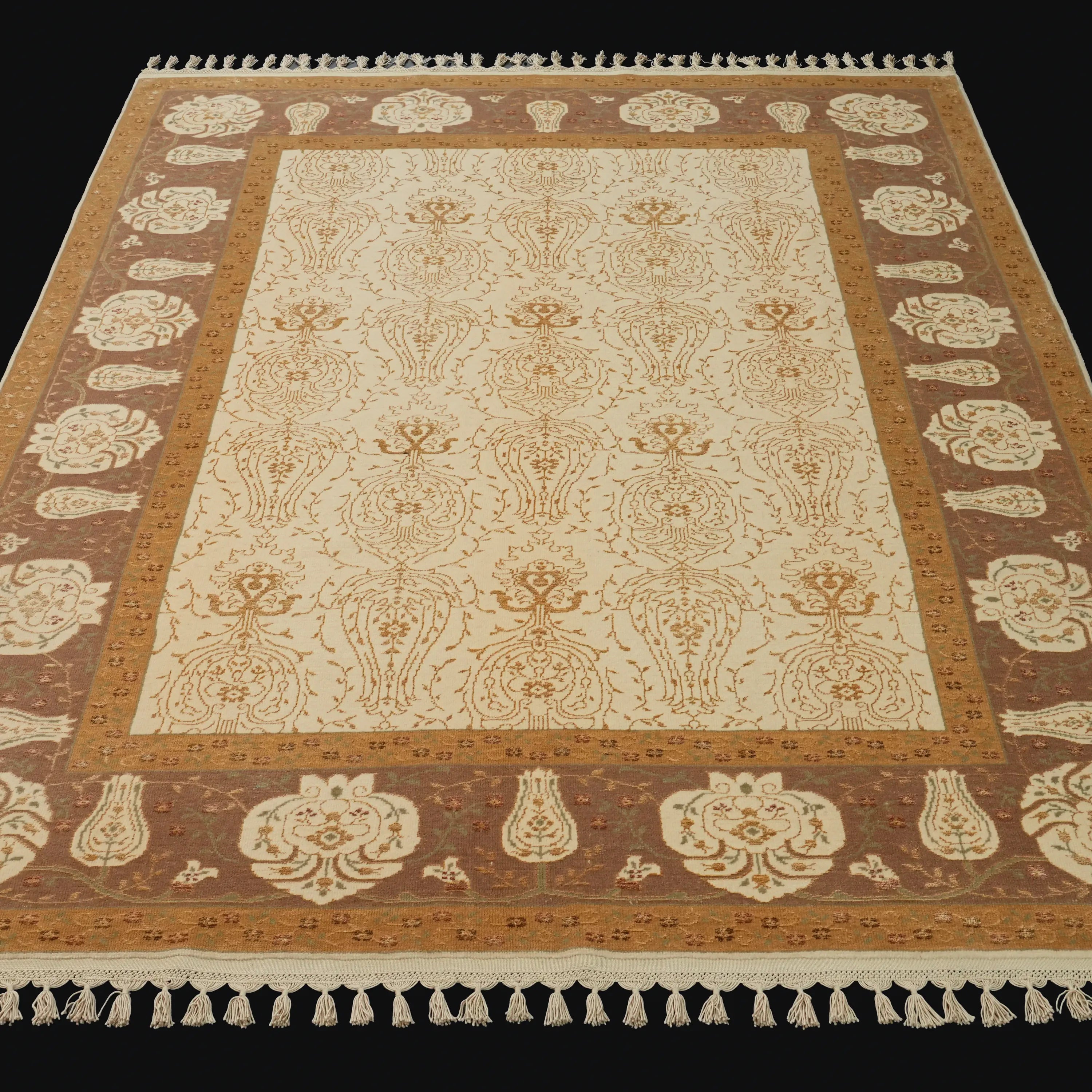 Hanzâde Series Handwoven Frame Patterned Cream Wool Rug