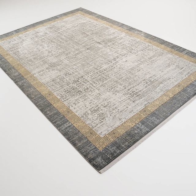 Gray Framed Machine-Woven Viscose Rug with Mustard Stripe, 200×290 cm Halıcızade