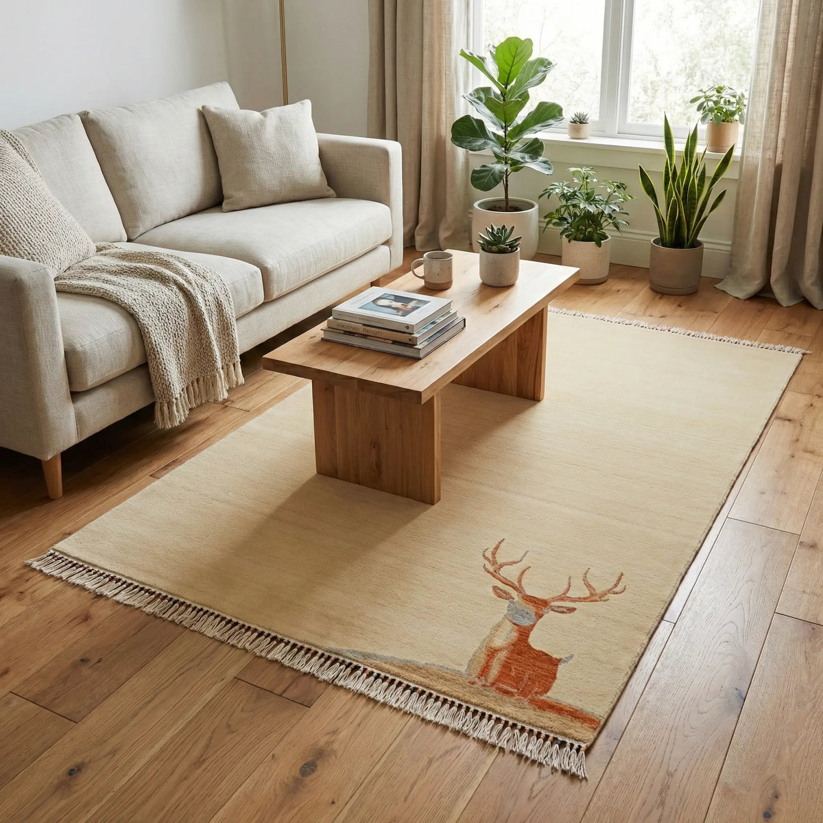 Hatıl Serisi Geyik Desenli Doğal Yün Tezgah Dokuma Halı — 170x240 cm