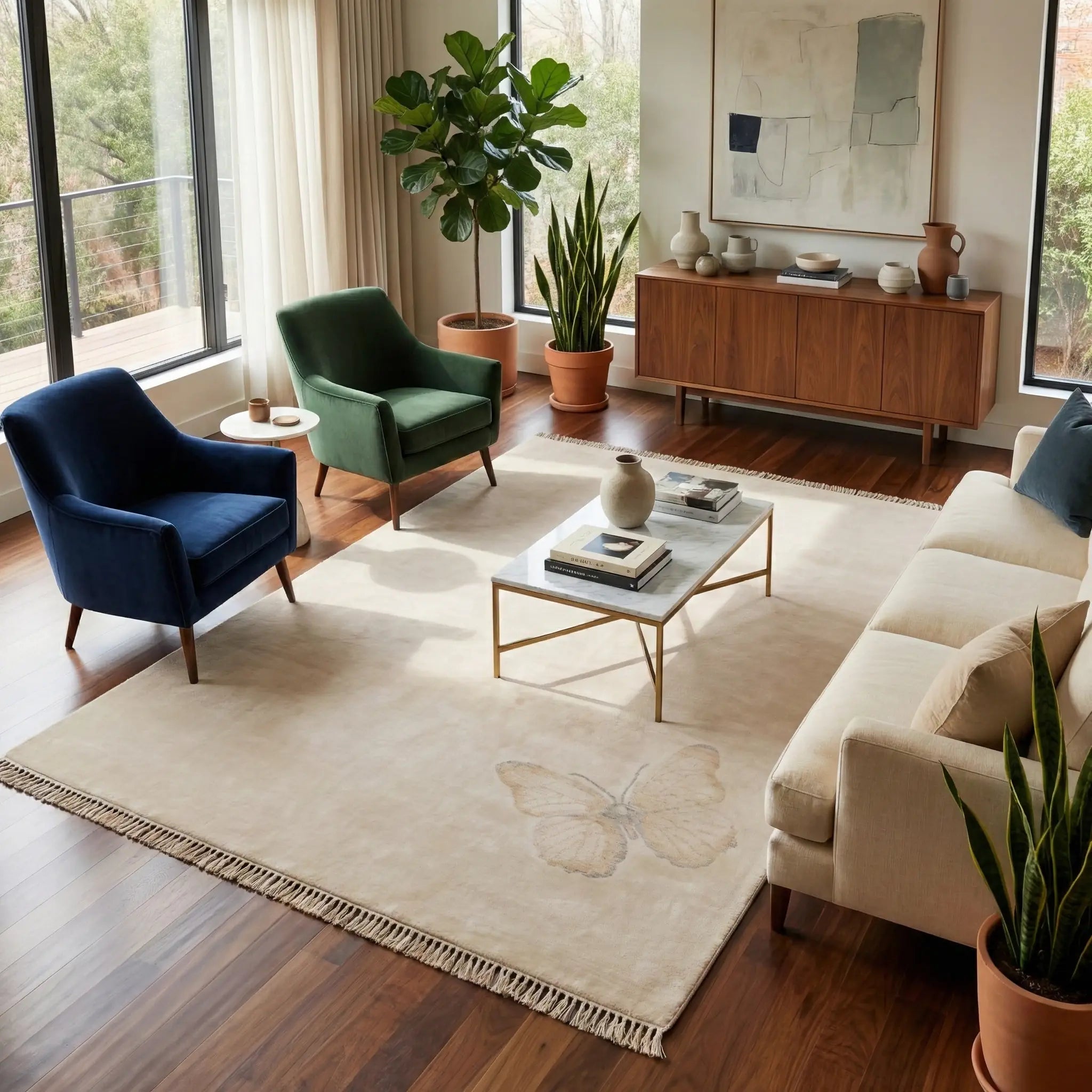 Hatıl Serisi Kelebek Desenli Doğal Tencel Tezgah Dokuma Halı