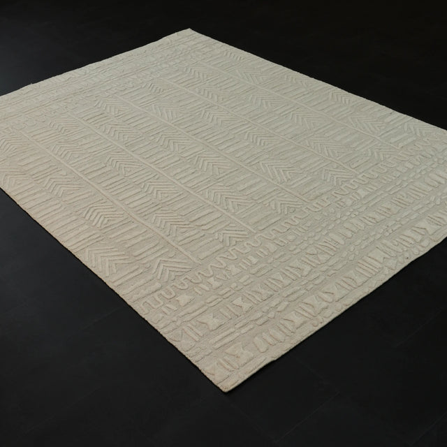 Ihlara Serisi Tezgah Dokuma Geometrik Desenli Yün Bambu Krem Halı, 80x150 – 240x340 cm — Halıcızade