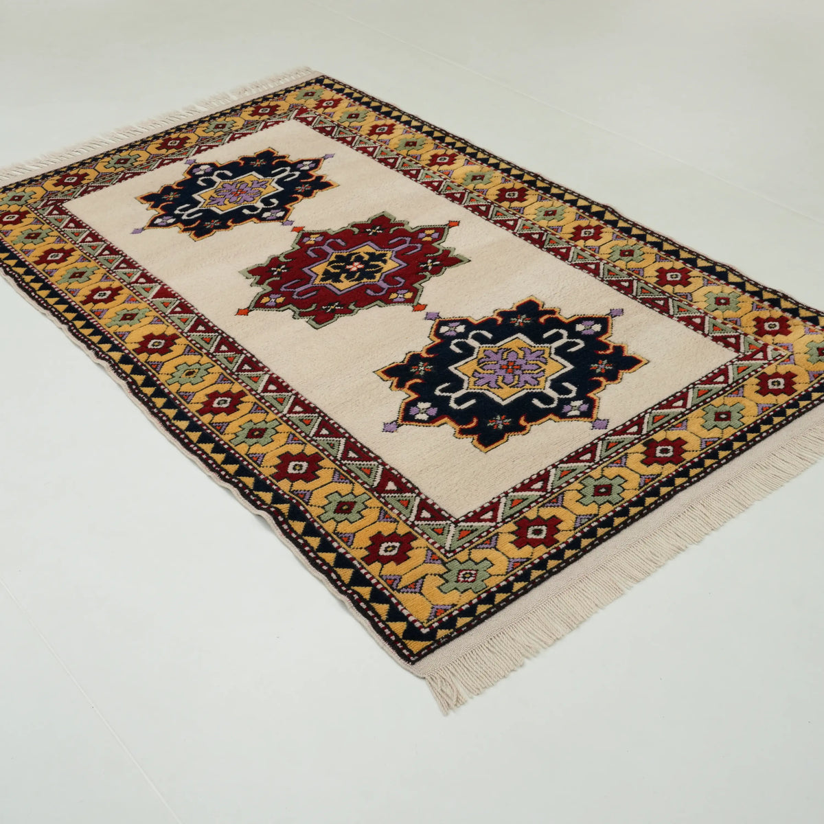 İkinci El Anadolu Desenli El Dokuma Rengarenk Yün Yörük Halısı, 126x202 cm — Halıcızade