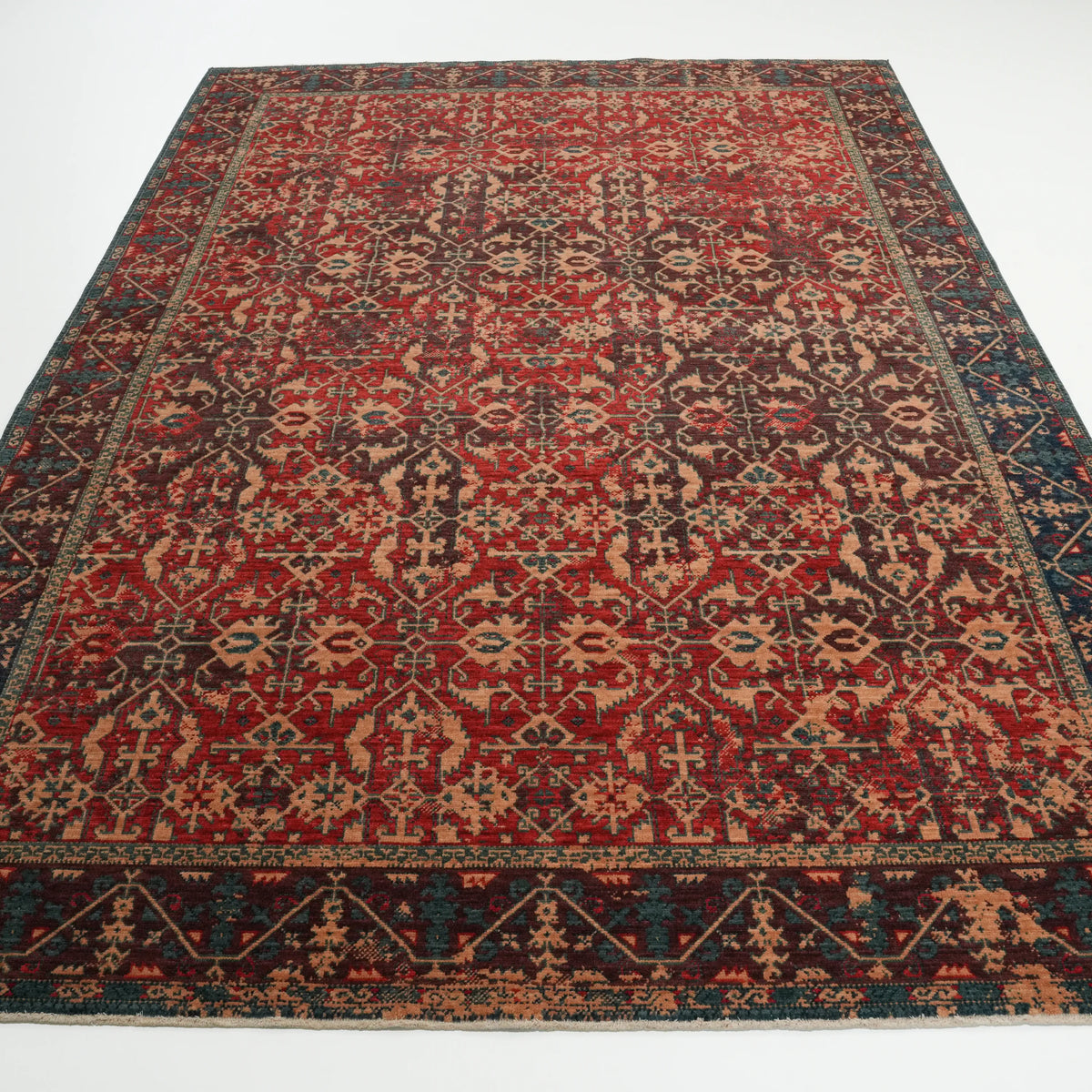 Kadim Serisi Vintage Desenli Yün Kırmızı Tezgah Dokuma Halı — 200x300 cm