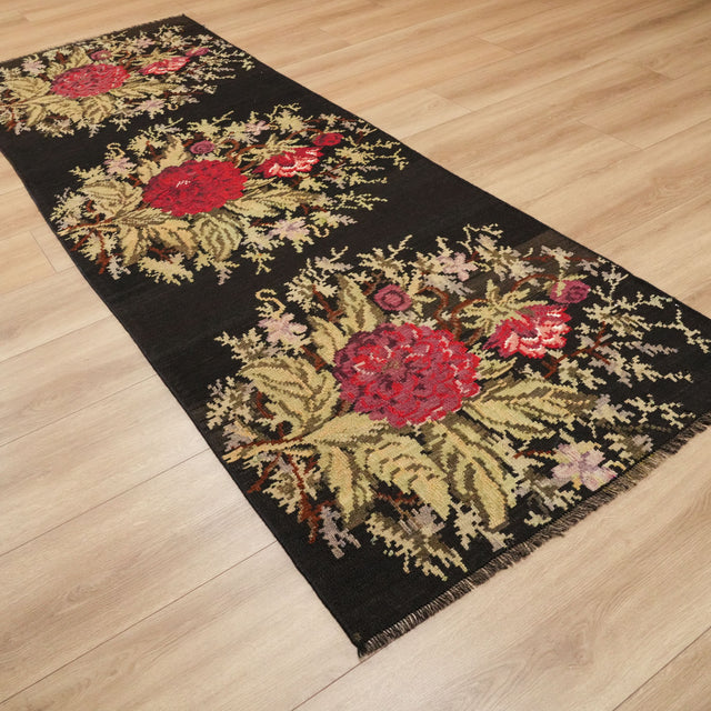 Karabağ Desenli El Dokuma Yün Kilim, siyah, 94x268 cm — Halıcızade
