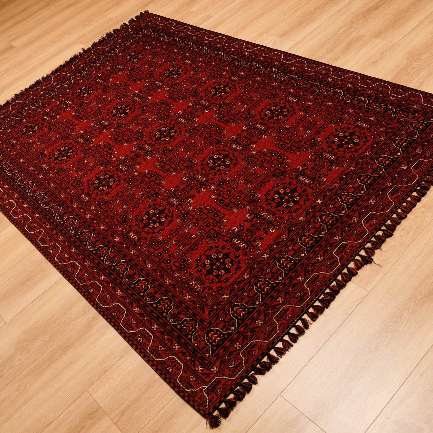 Kehribar serisi Afgan desenli makine dokuma akrilik halı, bordo, 80x150 cm — Halıcızade