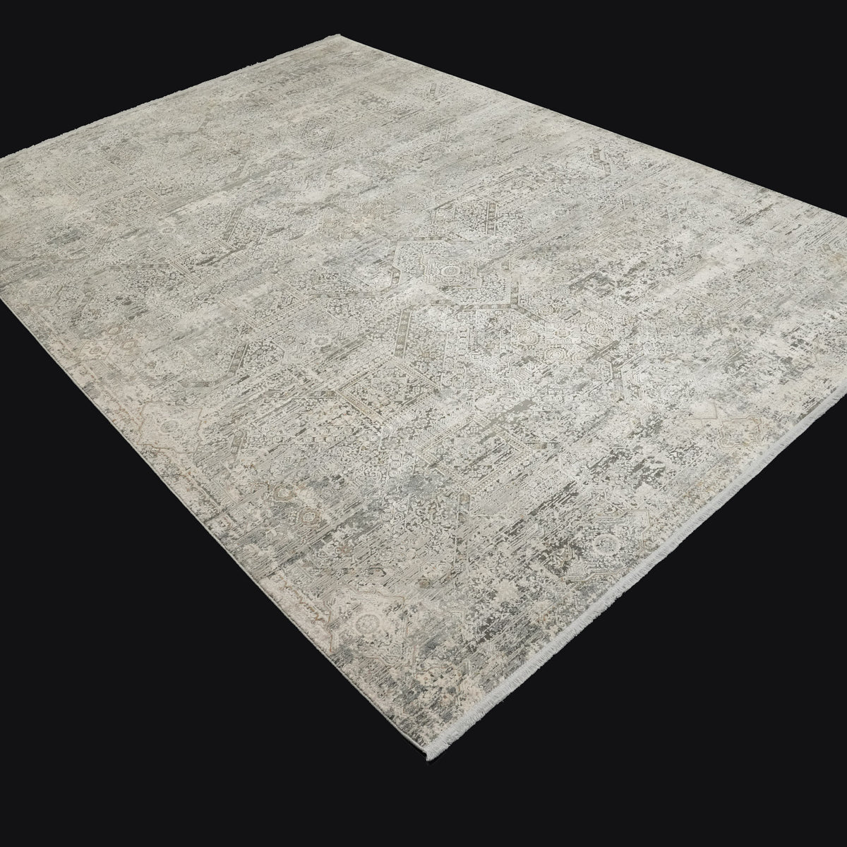 Lapis Serisi Vintage Desenli Gri Viskon Halı, 200x290 cm — Halıcızade