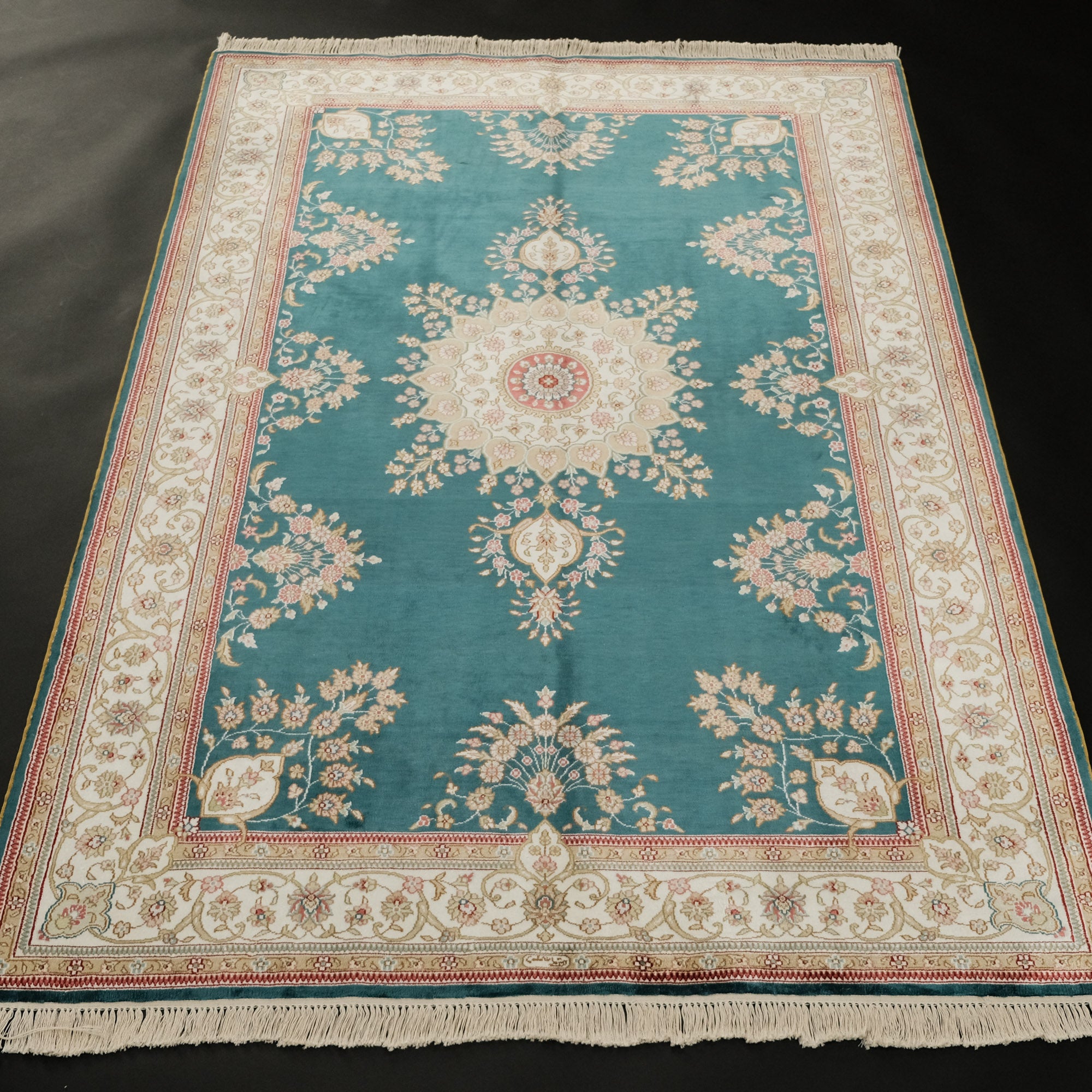 Medallion Design Blue Hand Woven Silk Carpet