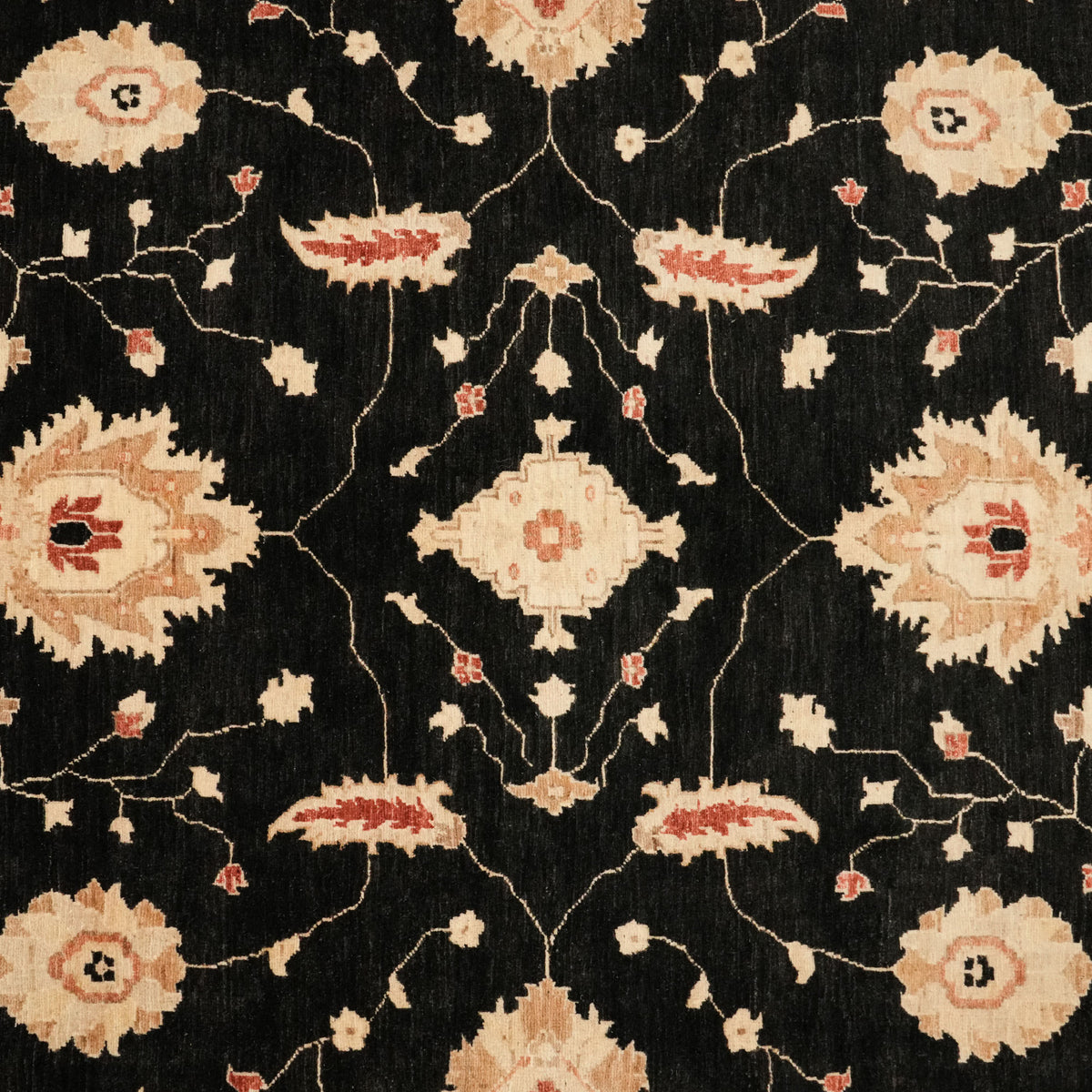 Mahal Series black Oushak-pattern rug — macro of the field, cream palmettes and fine white vine lines