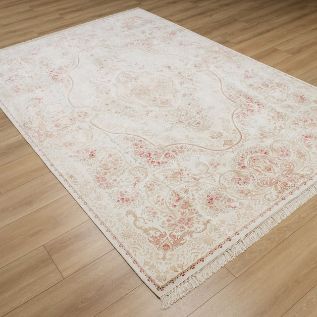 Makine Dokuma Çiçek Desenli Krem İpekli Halı, 90x150 – 200x290 cm — Halıcızade