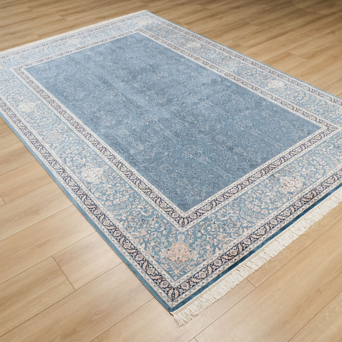 Makine Dokuma Çerçeve Desenli Klasik Lacivert İpekli Halı, 200x290 cm — Halıcızade