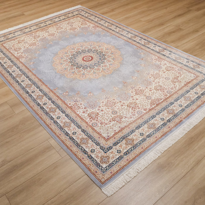 Makine Dokuma Madalyon Desenli Mavi İpekli Halı, 200x290 cm — Halıcızade