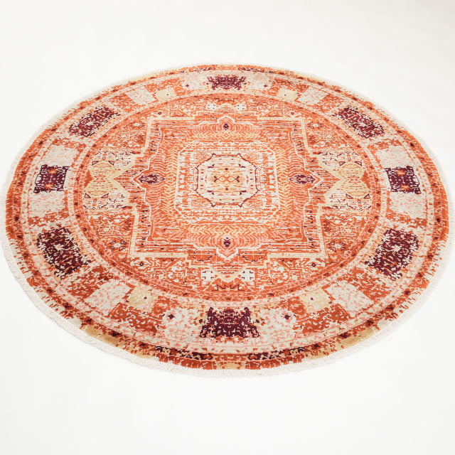 Tempus Serisi Memlük Desenli Turuncu Yuvarlak Yün Tezgah Dokuma Halı, 160x160 cm — Halıcızade