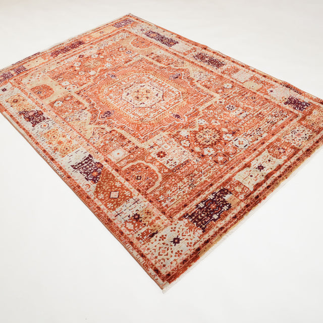 Tempus Serisi Memlük Desenli Turuncu Yün-Bambu Tezgah Dokuma Halı, 130x190 – 200x300 cm — Halıcızade