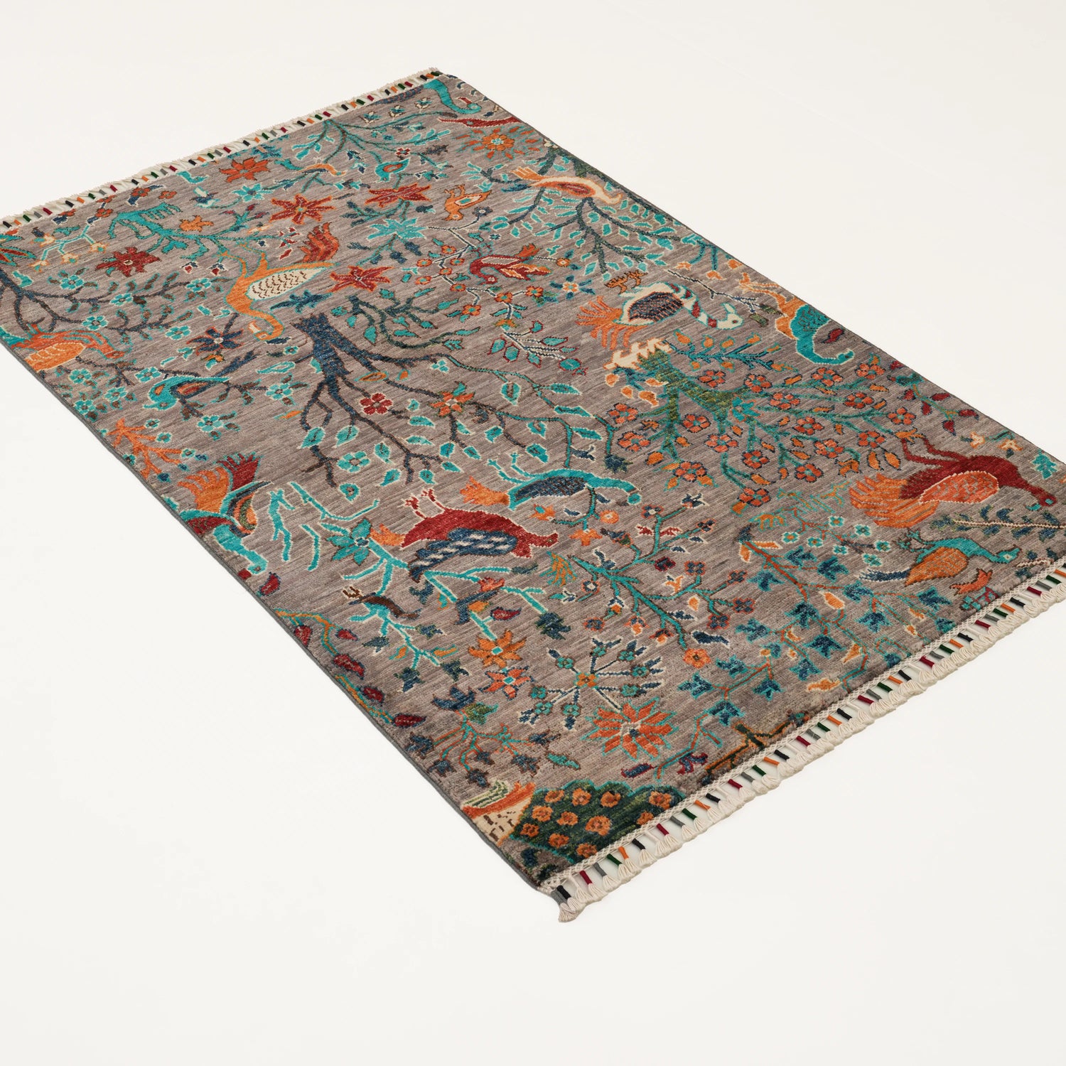 Mihman Serisi El Dokuma Çiçek Desenli Gri Yün Halı, 79x120 – 153x201 cm — Halıcızade