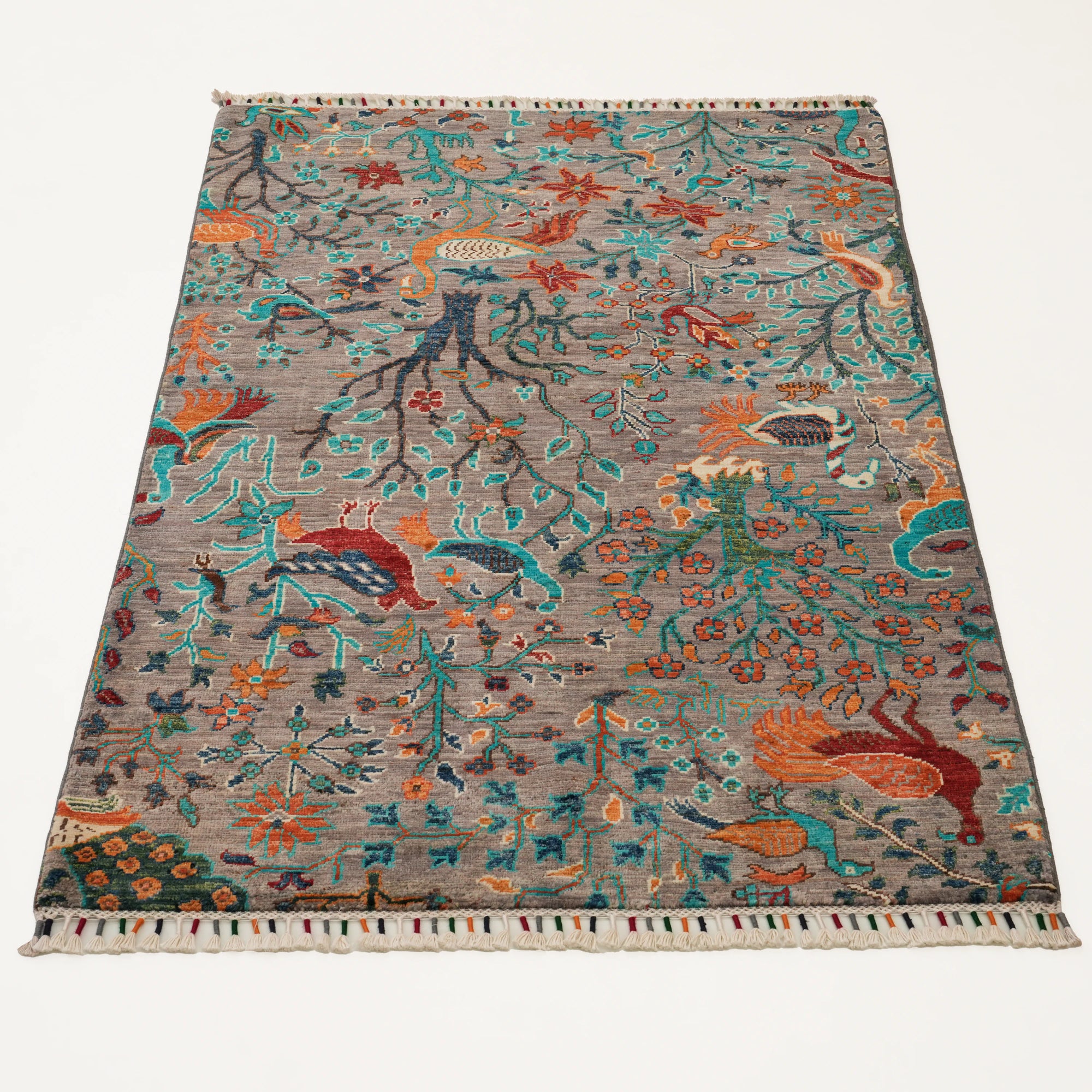 Mihman Serisi El Dokuma Çiçek Desenli Gri Yün Halı — 79x120, 96x151, 101x154, 100x156 cm