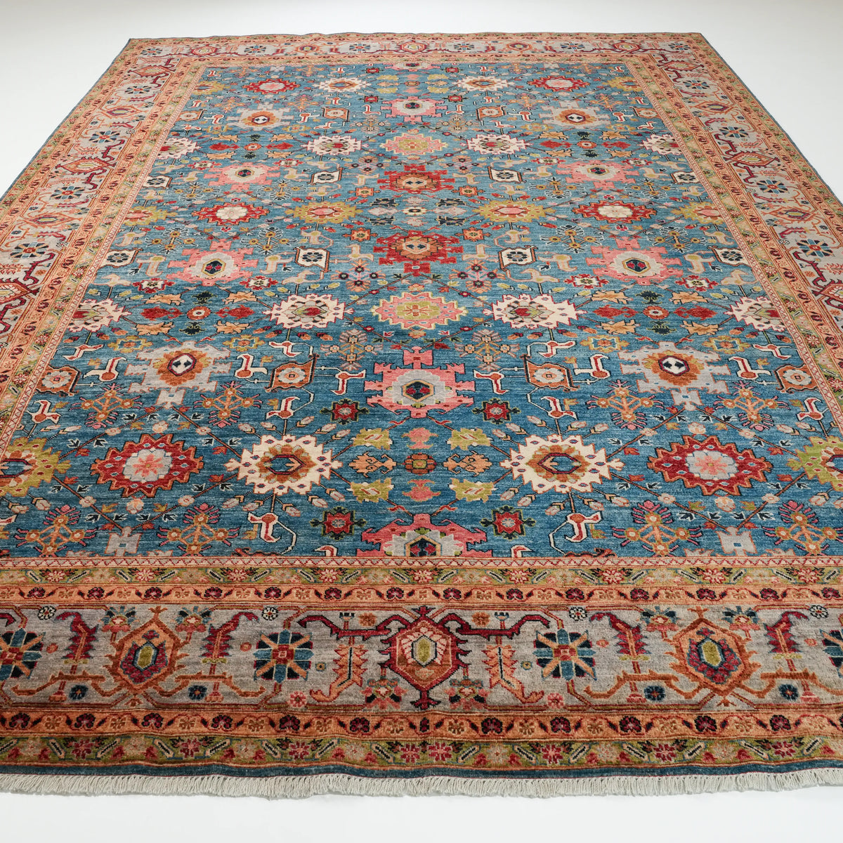Mihman Serisi El Dokuma Uşak Desenli Mavi Yün Halı — 299x429 cm