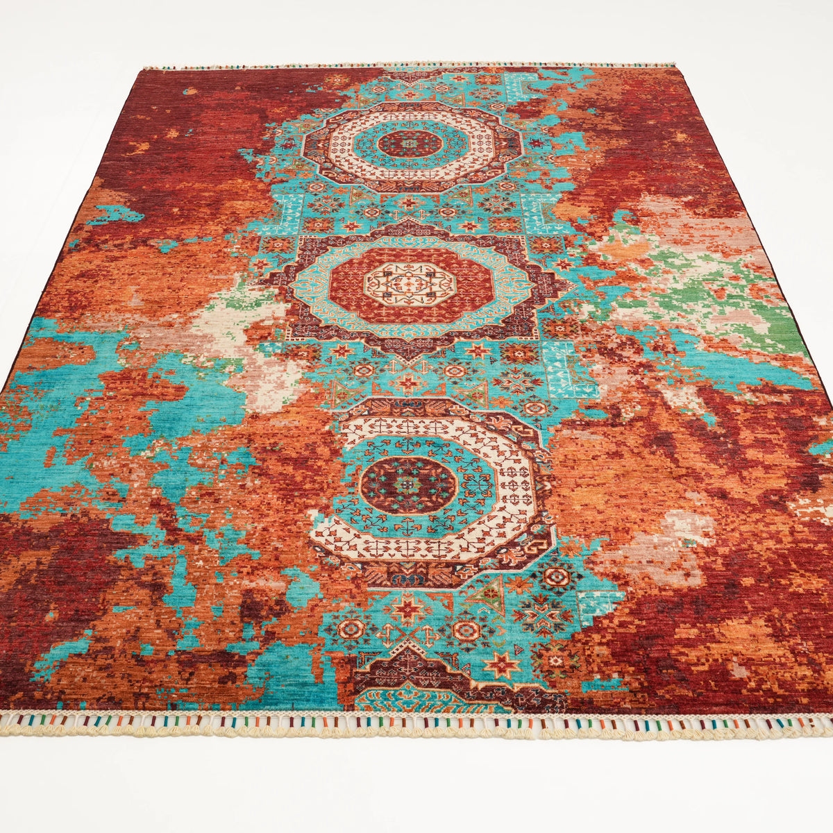 Mihman Serisi El Dokuma Vintage Desenli Rengarenk Yün Halı — 177x230 cm