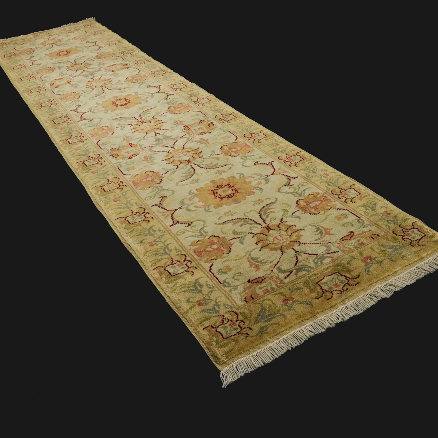 Mohair Serisi El Dokuma Çerçeve Desenli Krem Koridor Halısı, 74x313 cm — Halıcızade