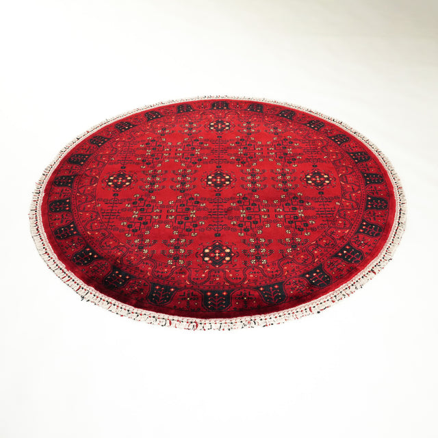 Afgan Türkmen desenli tencel yuvarlak tezgah dokuma halı, bordo, 190x190 cm — Halıcızade