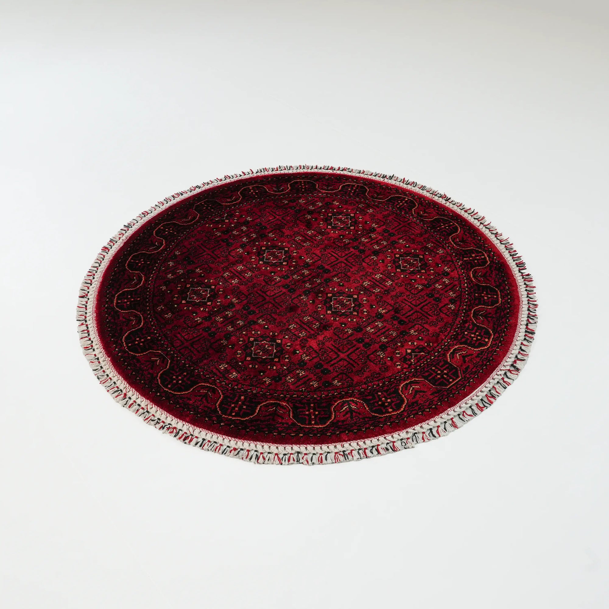 Nostalji Serisi Afgan Türkmen Desenli Yuvarlak Tezgah Dokuma Halı — 120x120, 160x160, 190x190, 200x200 cm