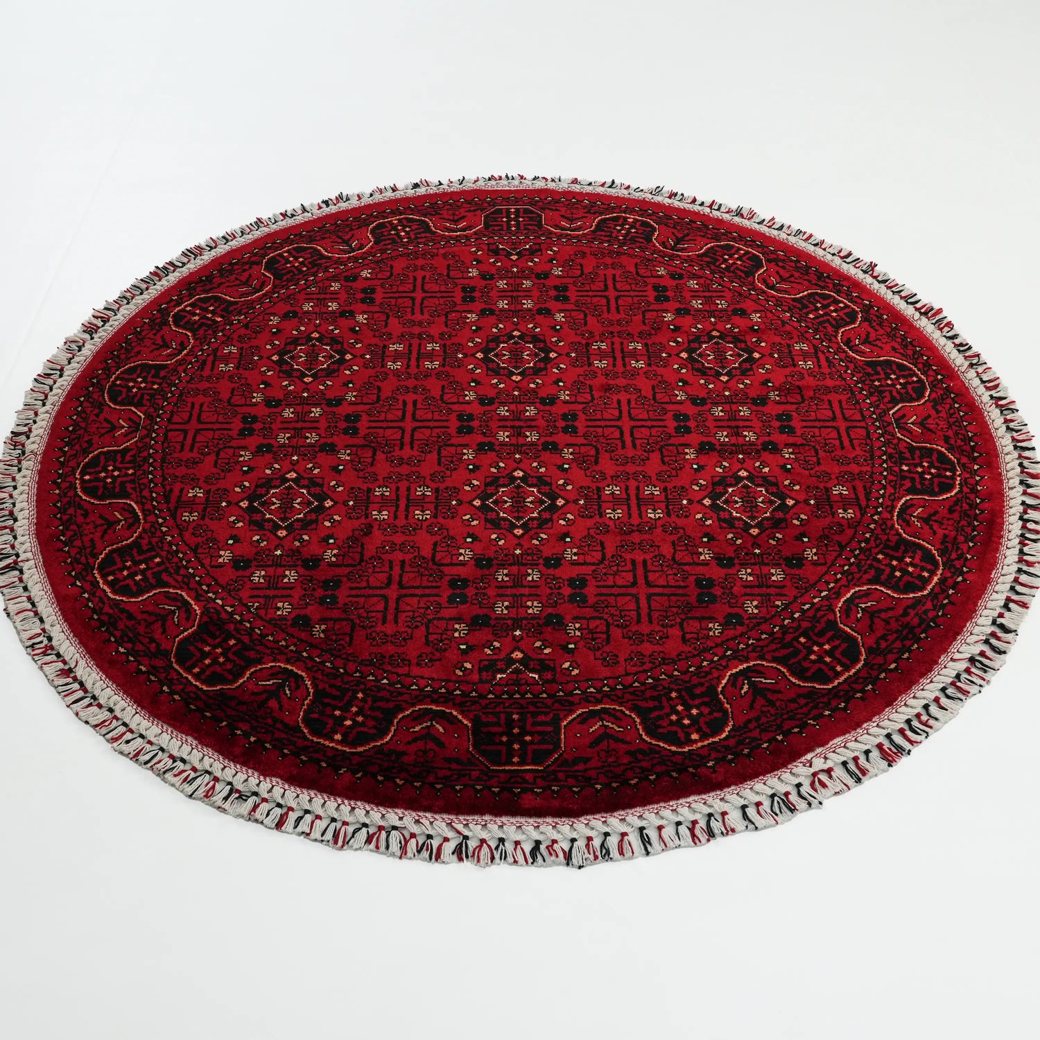 Afgan Türkmen desenli yuvarlak tezgah dokuma halı, bordo, 160x160 cm — Halıcızade
