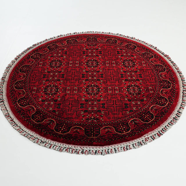 Afgan Türkmen desenli yuvarlak tezgah dokuma halı, bordo, 160x160 cm — Halıcızade