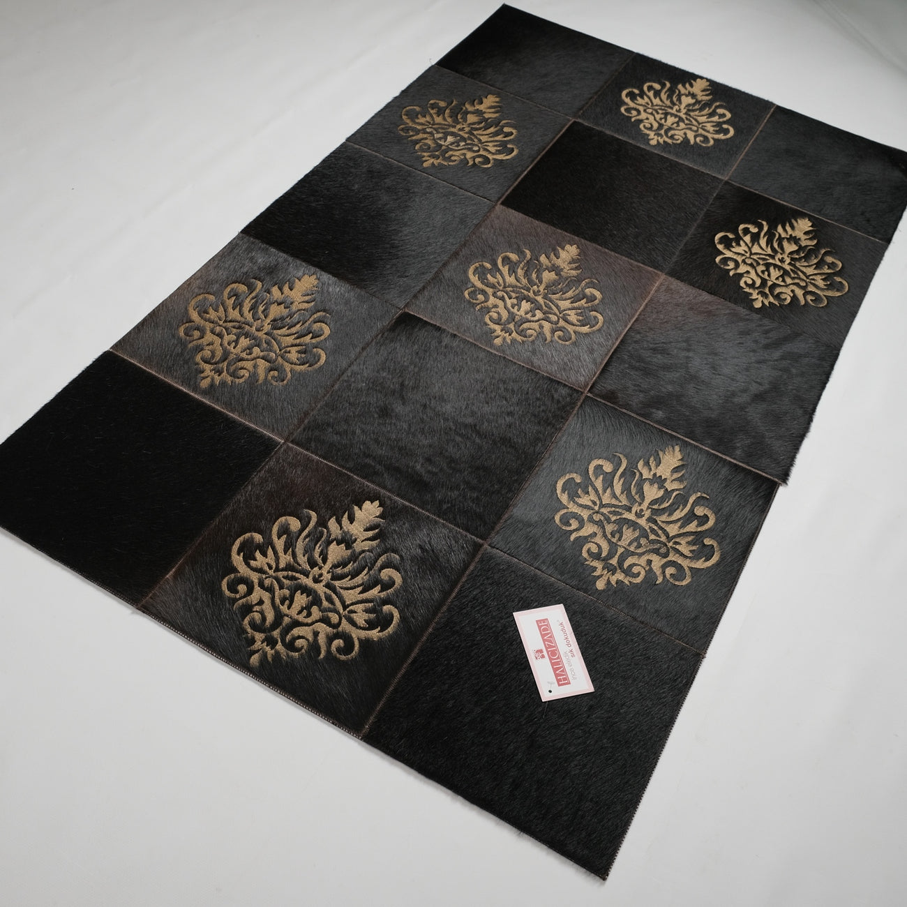 Patchwork Desenli Deri - Post Halı - Siyah 89x150