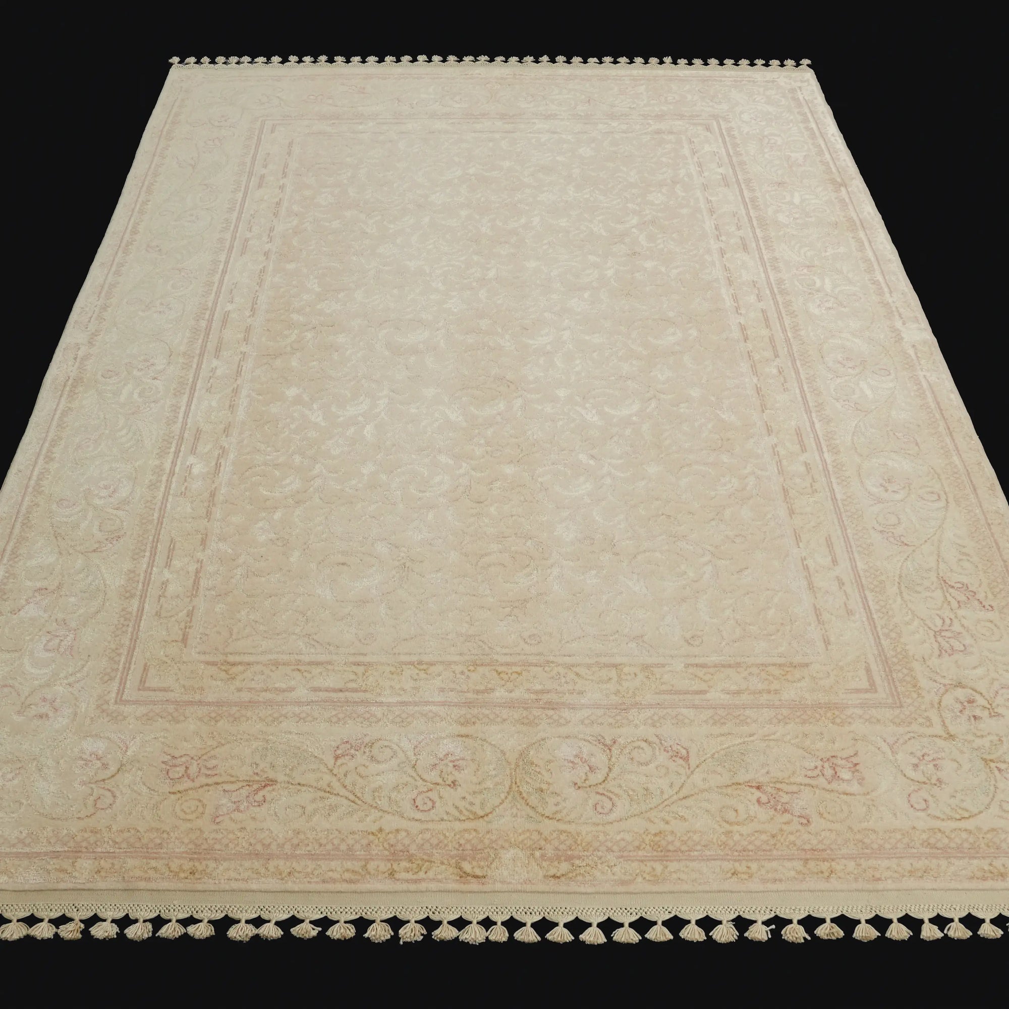 Pera Serisi El Dokuma Çerçeve Desenli Krem Yün Halı — 163x232 cm
