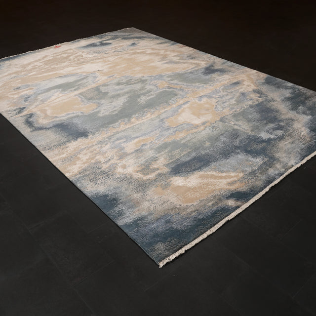 Rast Serisi El Dokuma Soyut Desenli Yün Mavi Halı, 252×352 cm Halıcızade
