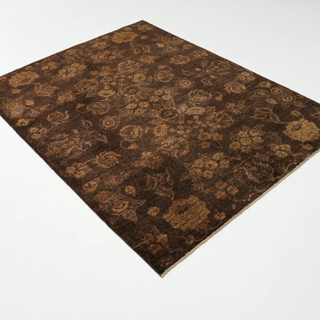 Retro Serisi El Dokuma Vintage Desenli Kahverengi Yün Halı, 150x197 cm — Halıcızade