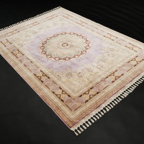 El Dokuma Mor Madalyon Desenli Saf İpek Halı