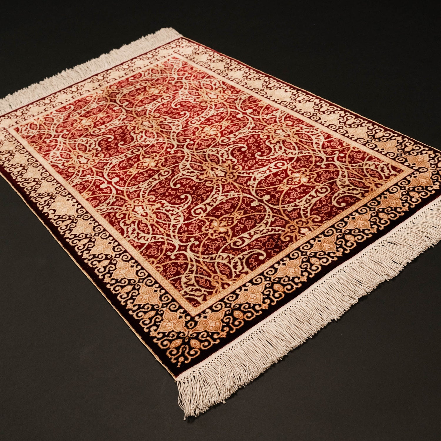 El Dokuma Çerçeve Desenli Krem İpek Halı, 63x93 cm — Halıcızade