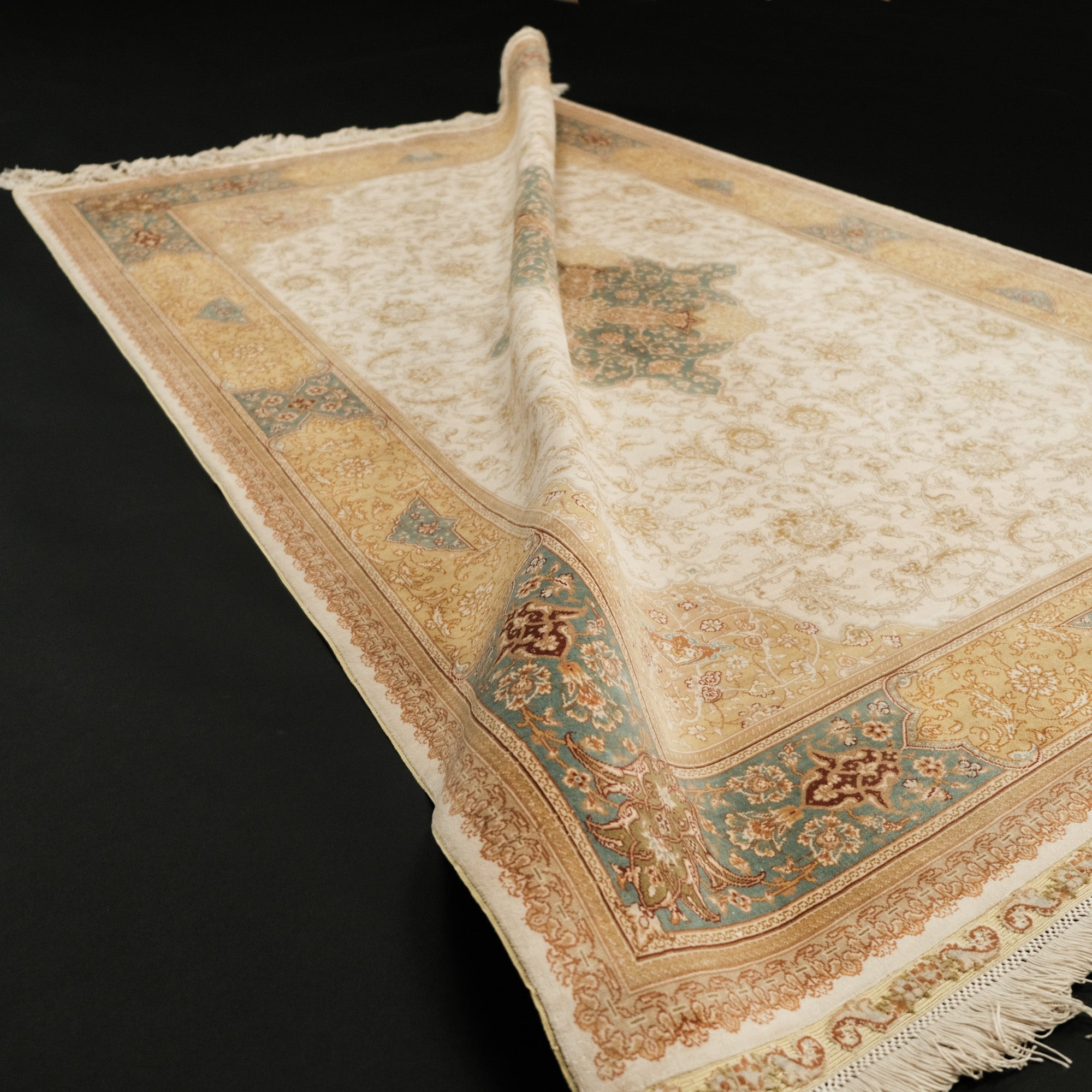 Pure Silk Frame Design Cream Hand Woven Carpet