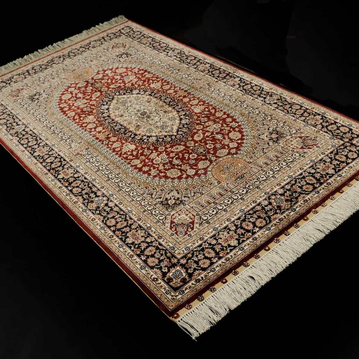 Saf İpek El Dokuma Otantik Motifli Bordo Halı, 90x150 cm — Halıcızade