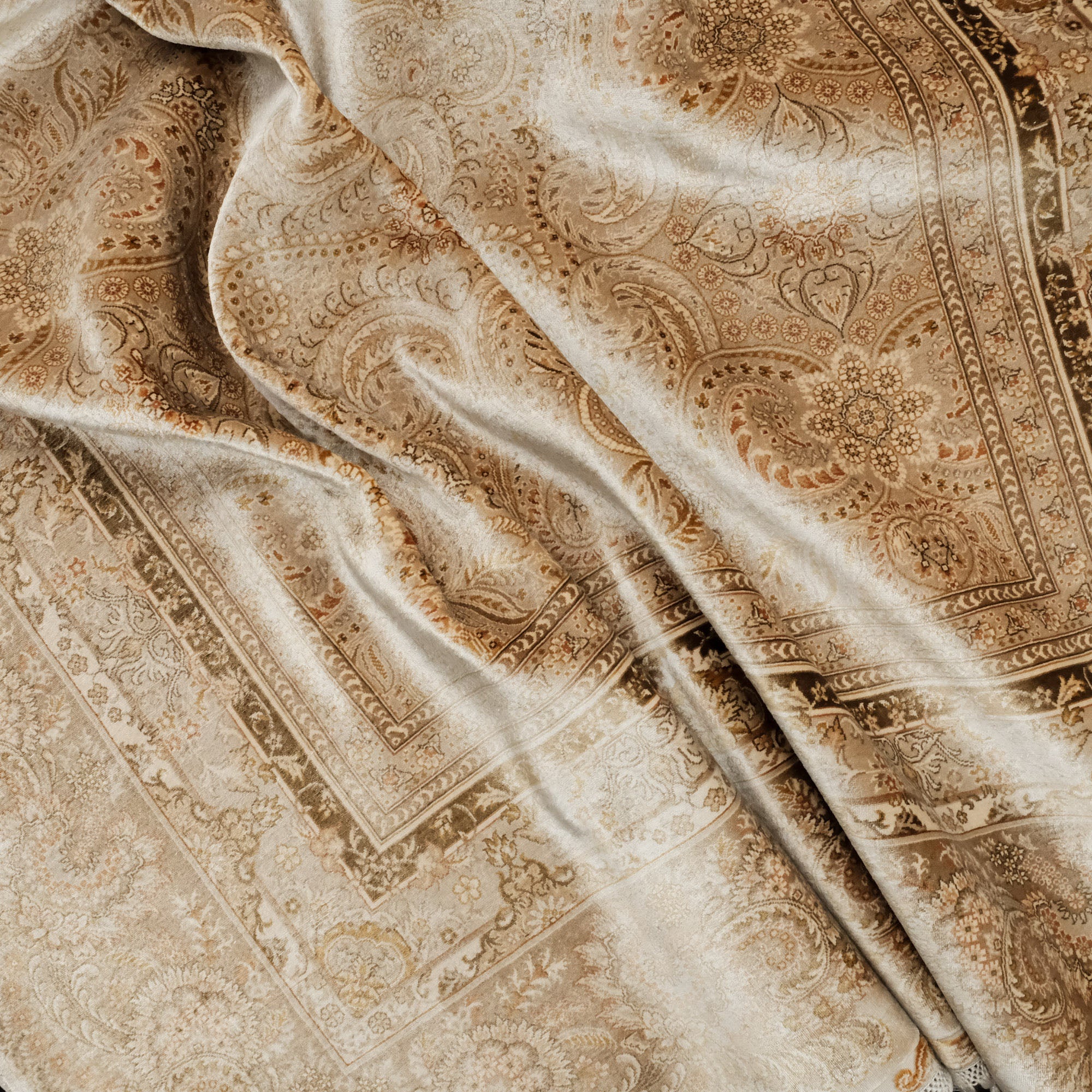 Almond Patterned Hand Woven Beige Silk Carpet